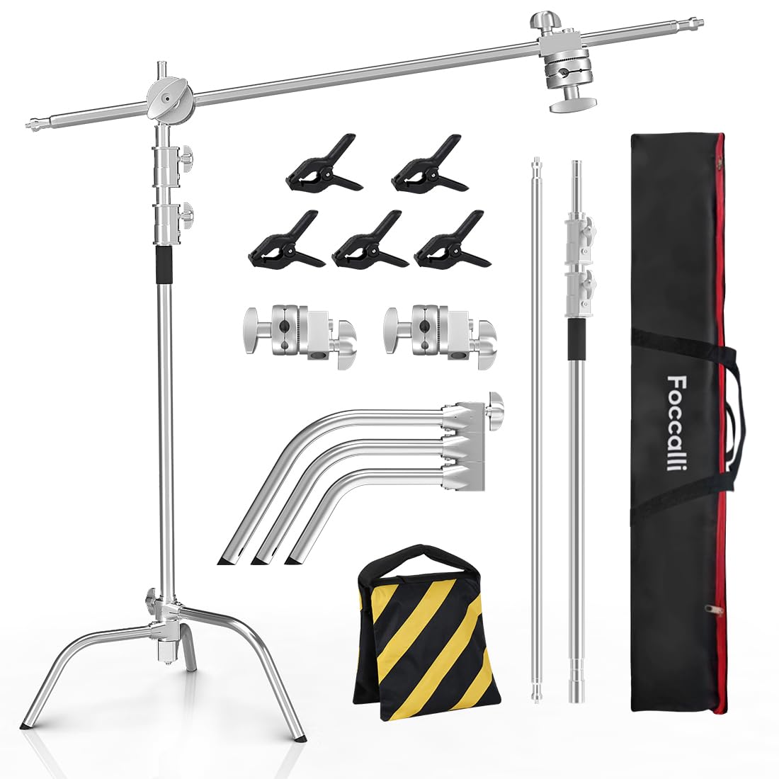 Photo Studio Stainless Steel Heavy Duty C Stand with Boom Arm - Max Height 11ft/331cm Photography Light Stand with 4ft/128cm Holding Arm, 2 Grip Head for Studio Monolight, Softbox, Reflector