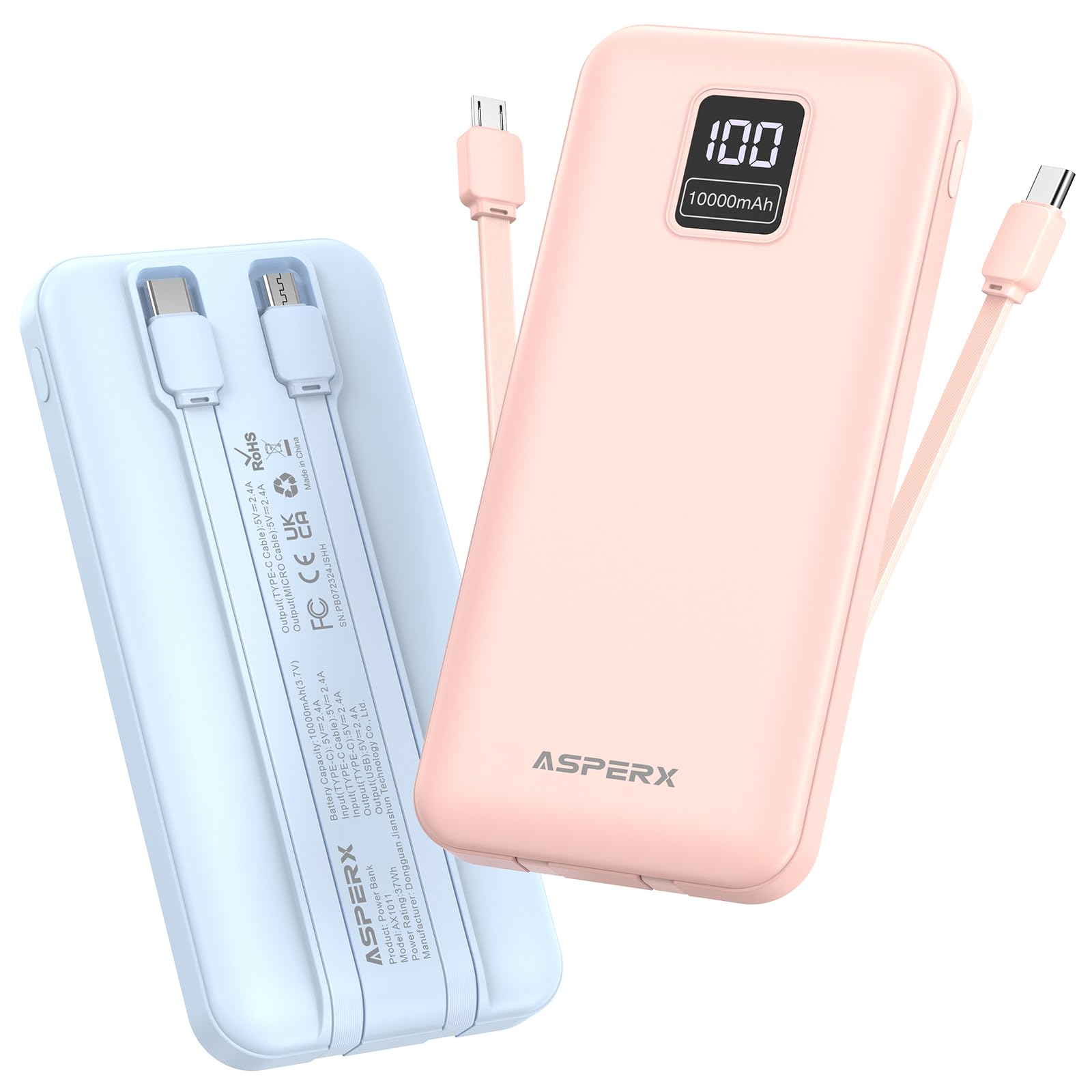 AsperX Powerbank - Batería externa (2 unidades, 10000 mAh, cable USB-C, carga rápida) | Power Bank 4 en 1 con pantalla LED, USB C encendido y salida, batería compatible con iPhone Samsung, para viajes y acampadas