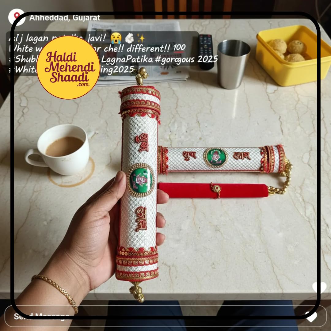 HALDI MEHENDI SHAADI Velvet Wedding Invitation Scroll Box with Gold Brass Frame, Ganesh Design, 29cm, Traditional Marriage Patrika with Tassel (White Gujarati) 4