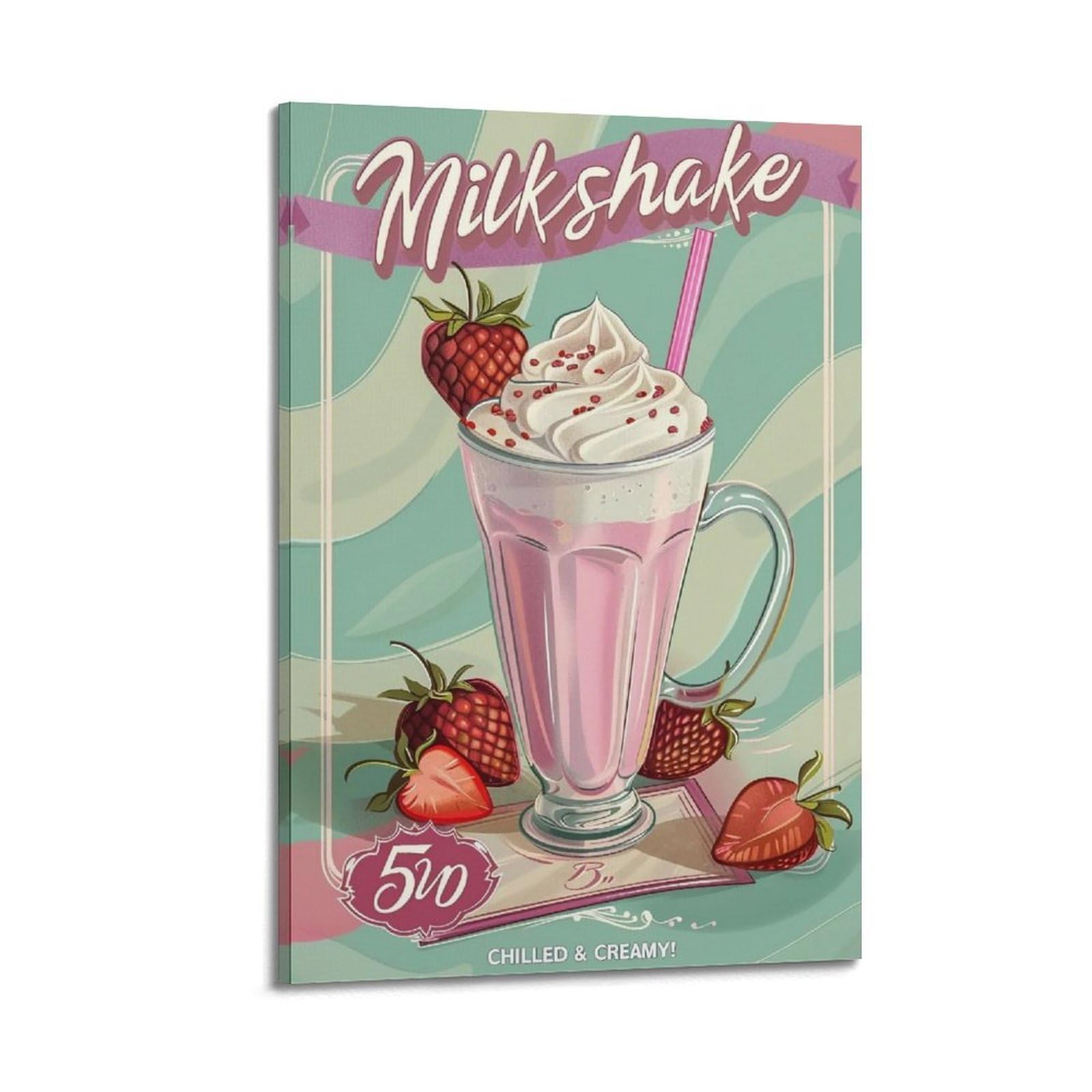 HUERYRYHY Chilled Creamy Strawberry Milkshake Poster Aesthetic Wall Art Painting Decor Vintage Canvas for Living Room Bed Room 08x12inch(20x30cm) Frame-style