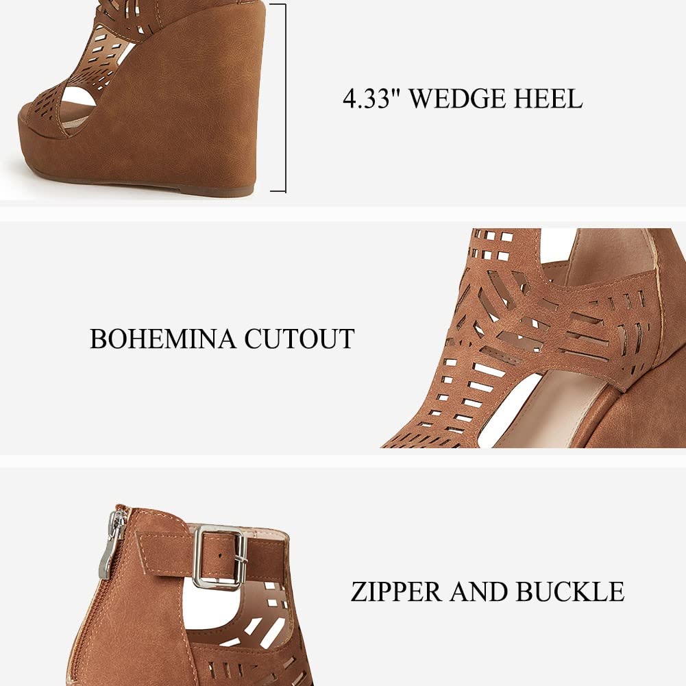 AOSPHIRAYLIAN Wedge Sandals for Women Open Toe Cutout Platform Bohemian Sandals High Heel Buckle Ankle Strap Comfy Summer Sandals: 7.5 Brown