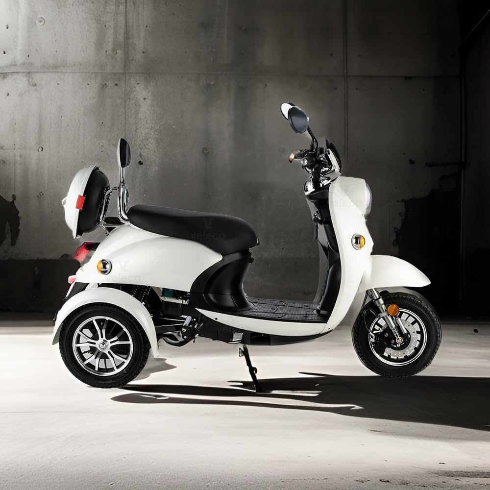 VELECO ZT63 - Scooter de movilidad de 3 ruedas - Totalmente ensamblado y listo para usar - Diseño de estilo italiano - Alta capacidad de carga - Asiento cómodo (BLANCO)