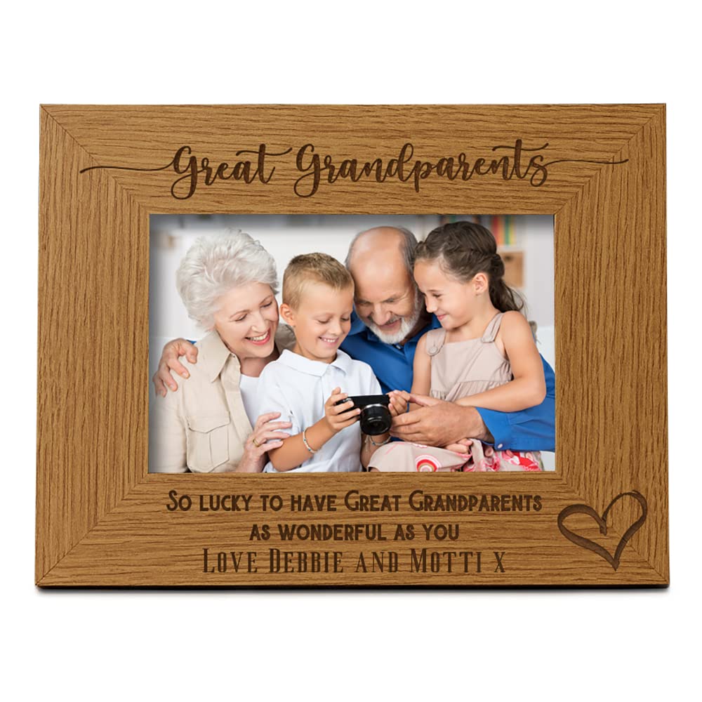 Ukgiftstoreonline Brown Personalised Great Grandparents Love Heart Engraved Landscape Photo Frame Gift (5 X 7 Inch)