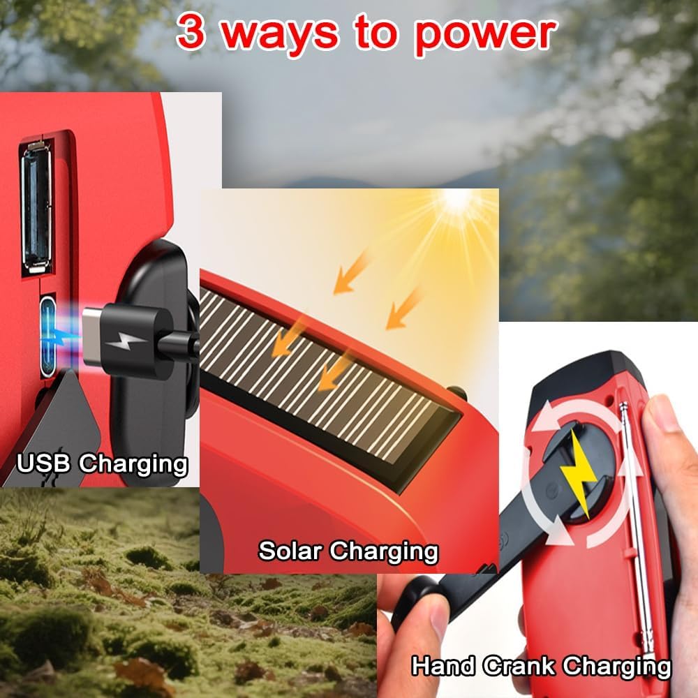 Radio Solare a Carica Manuale AM/FM Portatile con Torcia LED e Power Bank 2000mAh