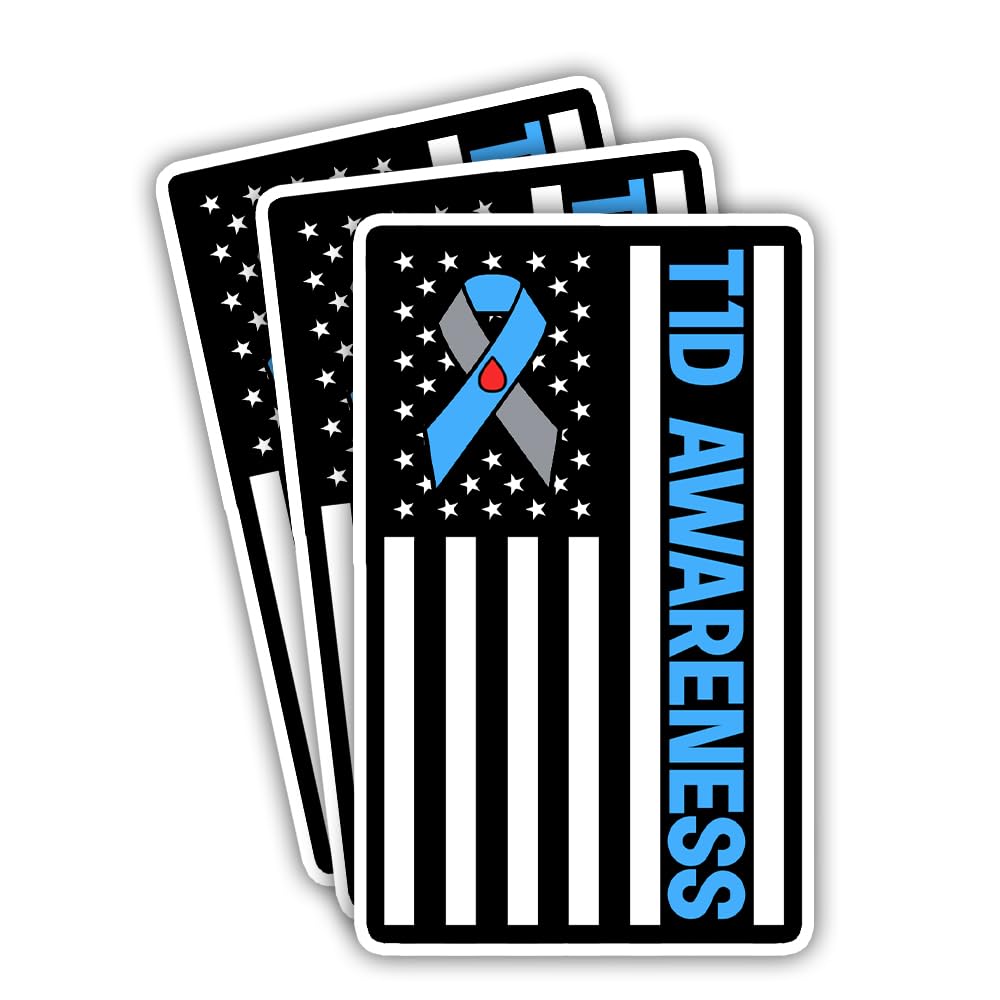 SODAVA 3Pcs T1D Awareness Sticker, Type 1 Diabetes Awareness Blue and Gray Ribbon Awareness Flag Stickers for Laptop Water Bottle Phone Accessory Boat Car Bumper Window Helmet, Stickers
