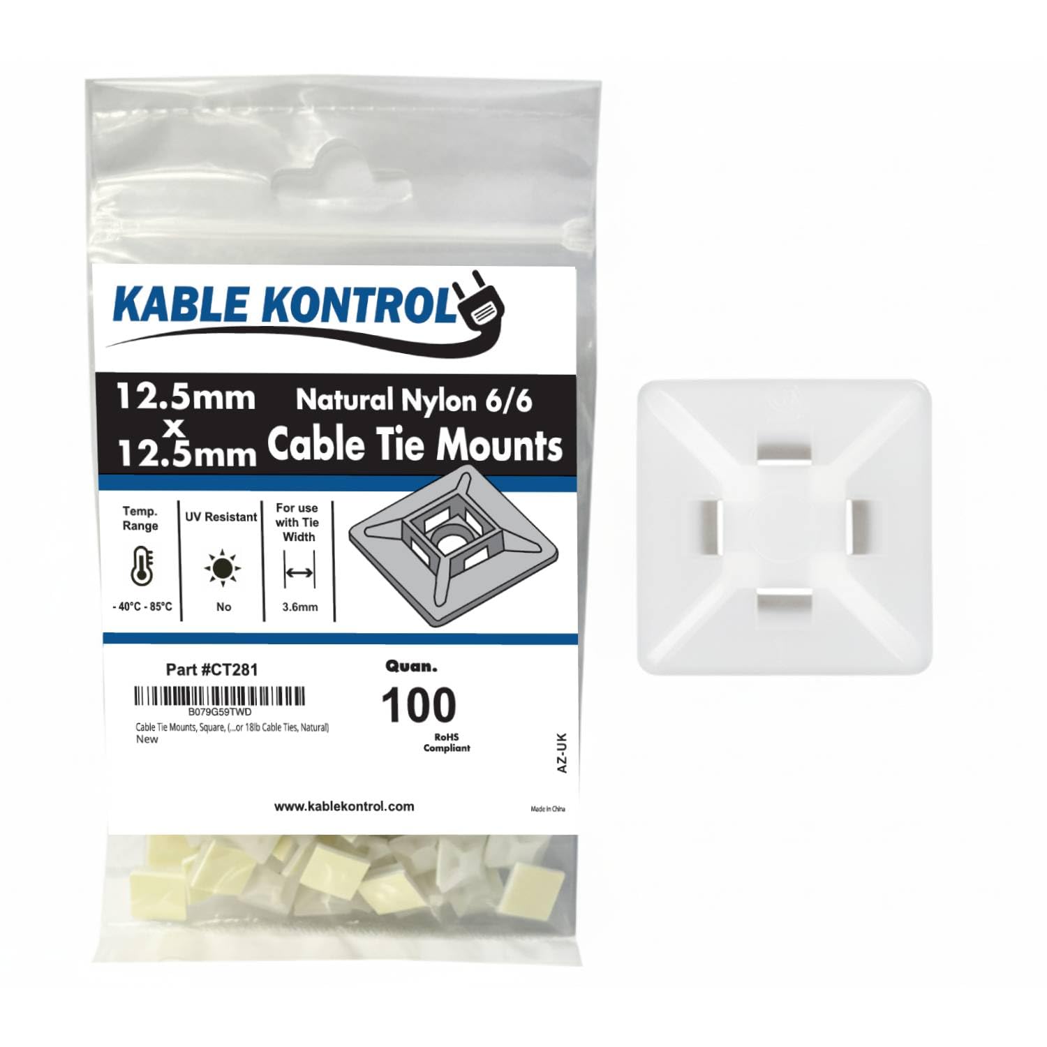 Kable Kontrol White Natural Zip Tie Bases, 12.5 mm x 12.5 mm, Pack of 100 Cable Tie Adhesive Mounts Self Adhesive Mounts Multi-Purpose Zip Ties Bases, Cable Holder Sticky Pads - White Natural