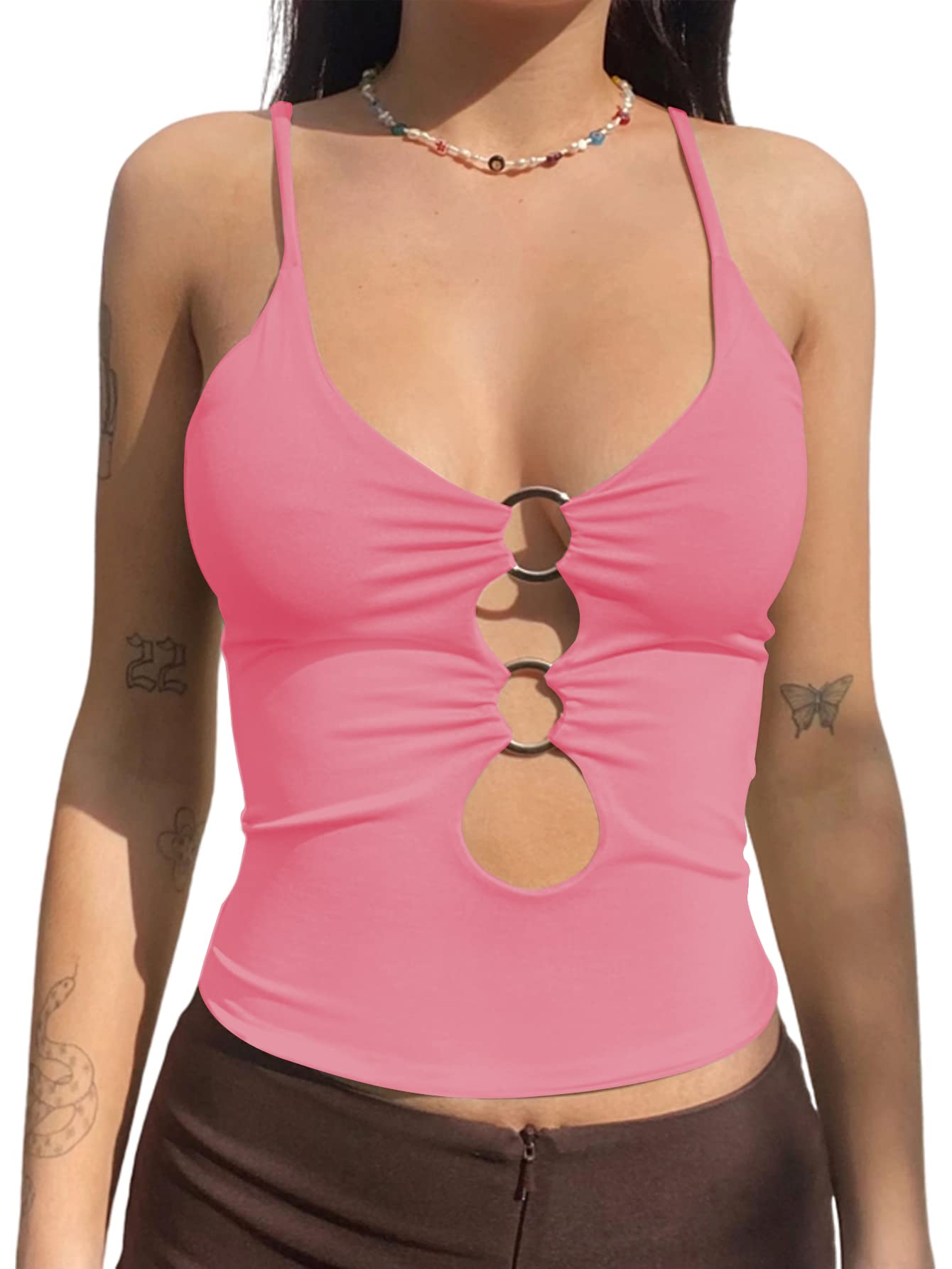 LYANER Women's Deep V Neck O Ring Cut Out Sleeveless Tank Cami Crop Top