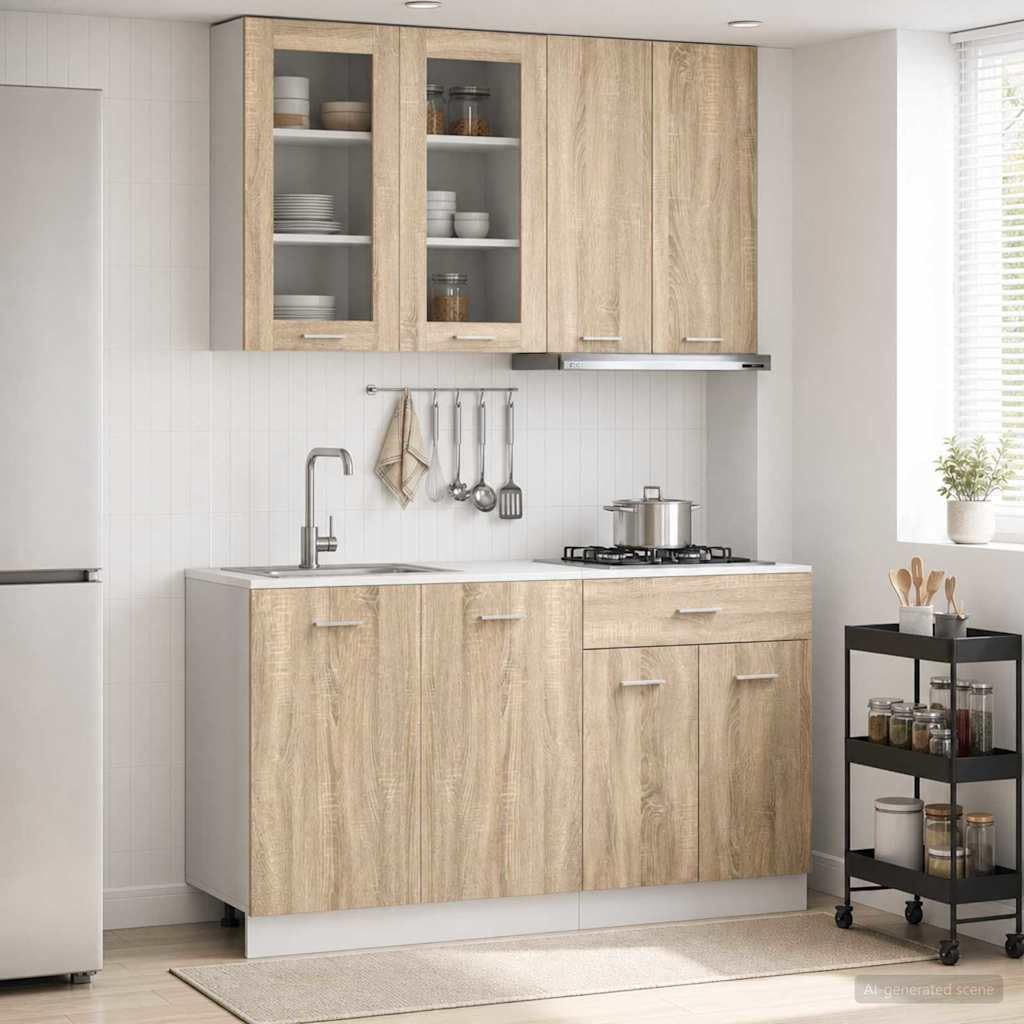 Mobile da cucina Lyon, 4 pezzi, rovere Sonoma, con mobiletto, pensile, cassetto, vano portaoggetti e piedini regolabili, per cucina e sala da pranzo