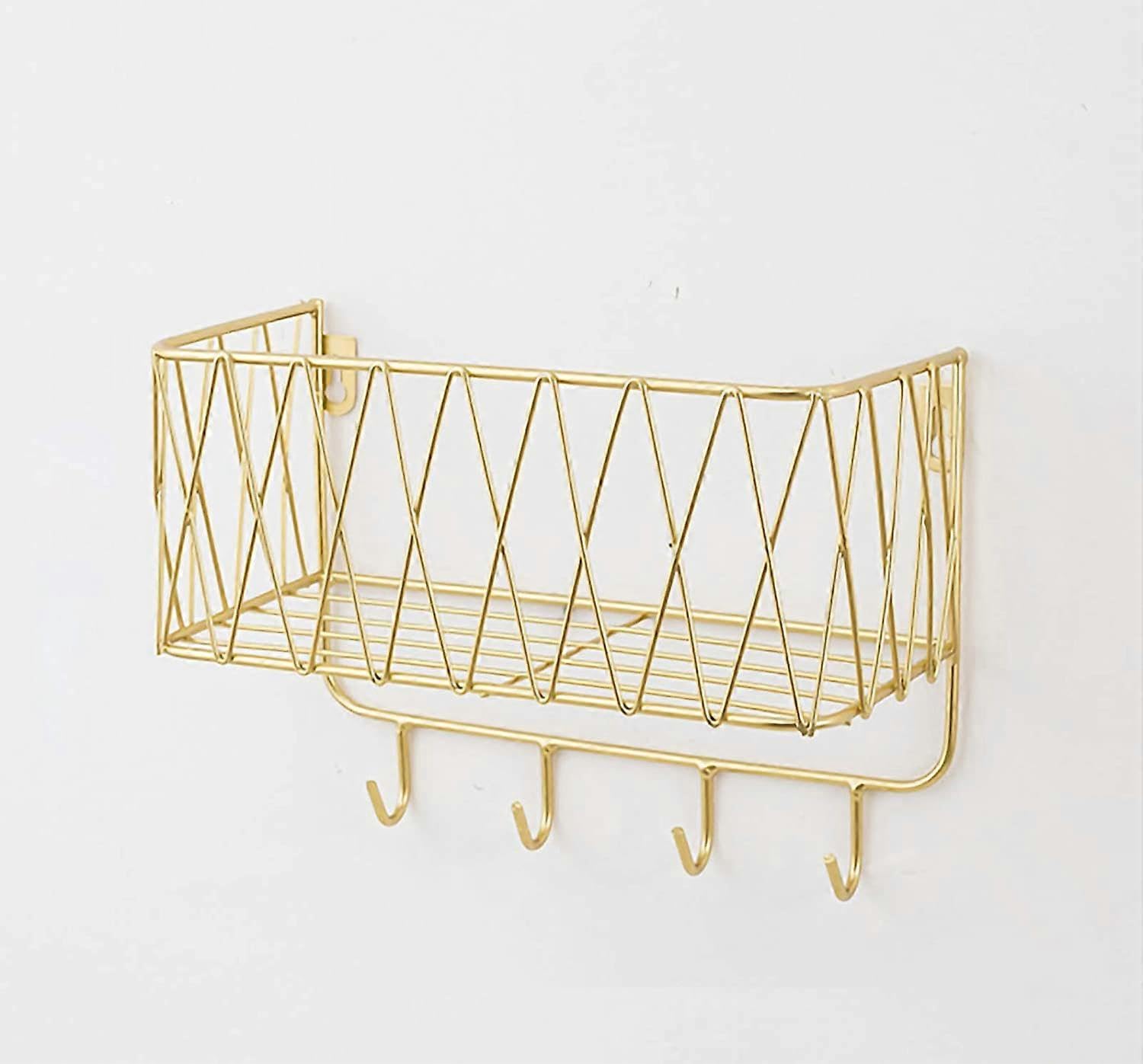 JOYHAPPST Wall Shelf Floating Shelf with Metal Grid, Wall Shelf with Hooks, Towel Rail, Wall Wardrobe Floating
