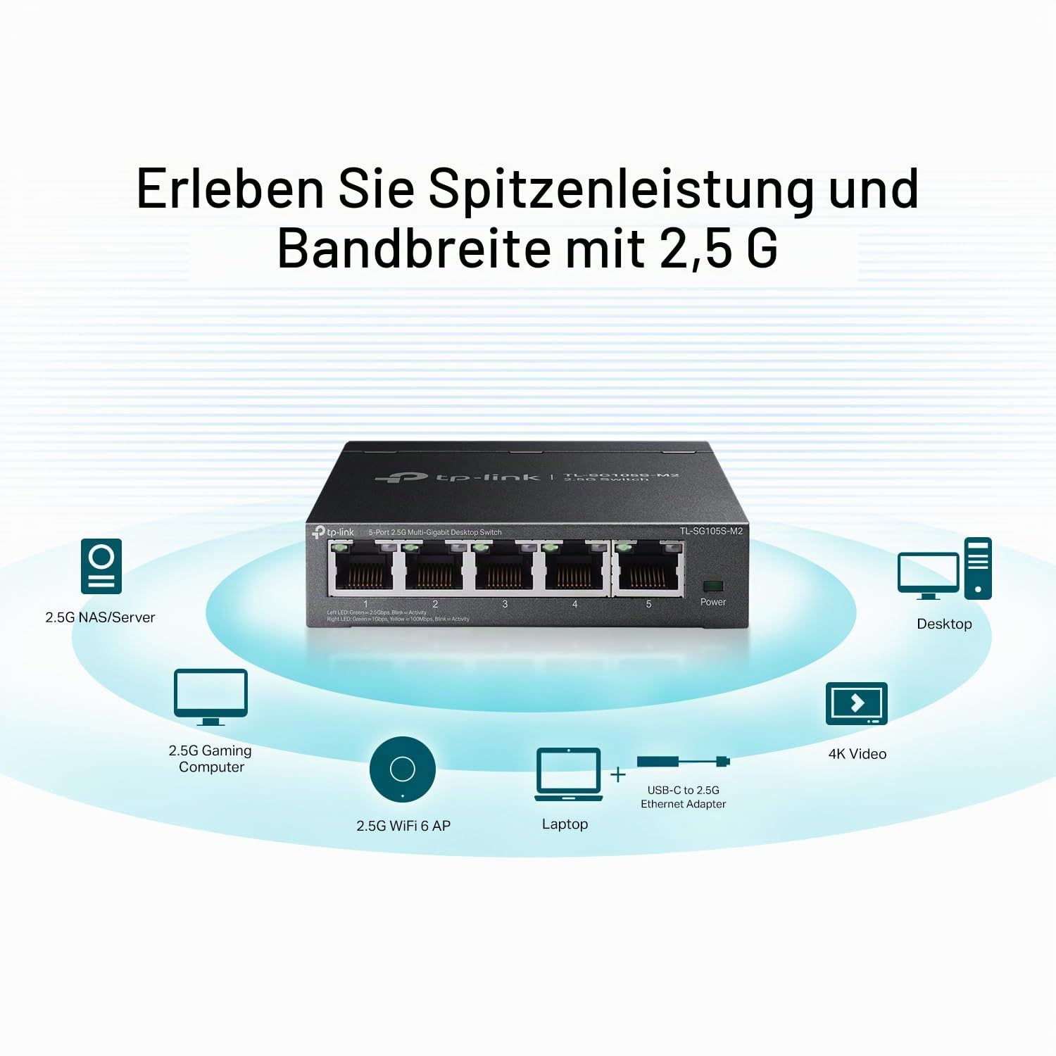 TP-Link TL-SG105S-M2 | 5-Port 2,5G Multi-Gigabit Unmanaged Netzwerk-Switch, Ethernet-Splitter, 2,5 G Bandbreite, Plug & Play, Desktop-/Wandmontage, lüfterloses Metalldesign, begrenzter lebenslanger | Ethernet-Splitter, Plug & Play, Desktop/Wandhalterung,