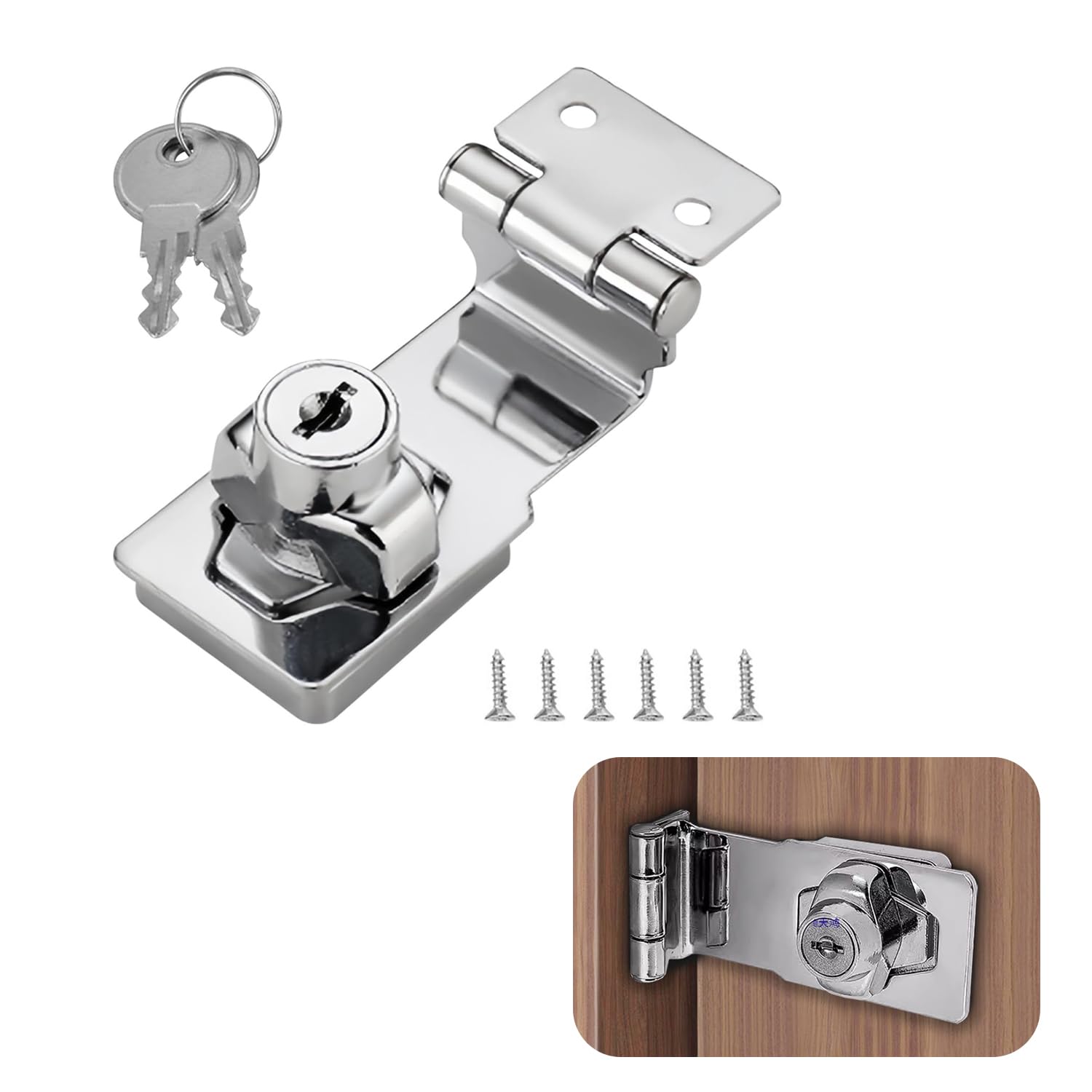 COAFTUG Keyed Hasp Lock Right Angle 90 Degrees 3 inch Hasp and Staple with Padlock Silver Door Latch Hasp Twist Knob Shed Door Locks Zinc Alloy Keyed Locking Hasp with Key for Bedroom Cupboard Gate