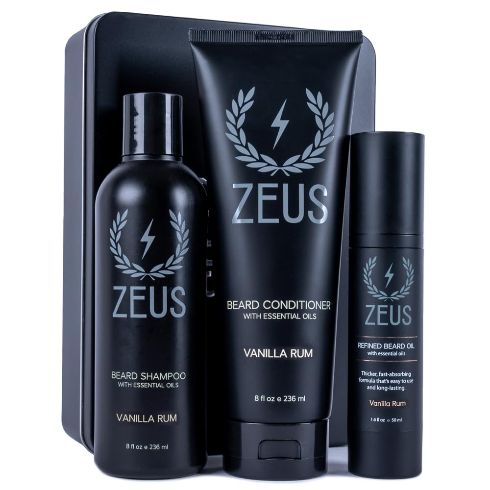 Beard Care Starter Kit for Men, Natural Shampoo, Conditioner & Refined Oil, Soften, Hydrate & Strengthen Thick Facial Hair (Made in USA) Vanilla Rum