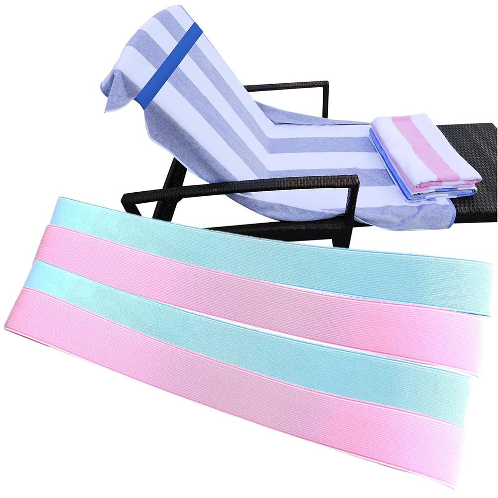 FAHOI 4PCS Towel Bands, Elastic Beach Towel Bands, Beach Towel Clips Chair Towel Holder for Beach Pool Cruise Chairs Accessories #1 (Light Blue+Pink)