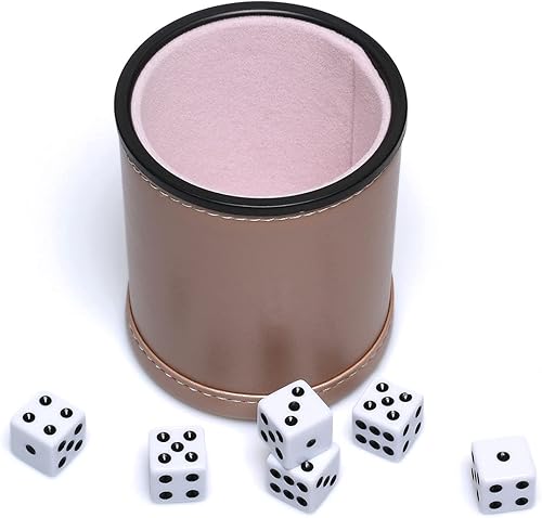 Miniatura 3 de Juego de dados de cuero sintético, cuero de oro rosa y terciopelo de niebla lila, taza de dados profesionales con 6 dados de puntos negros para