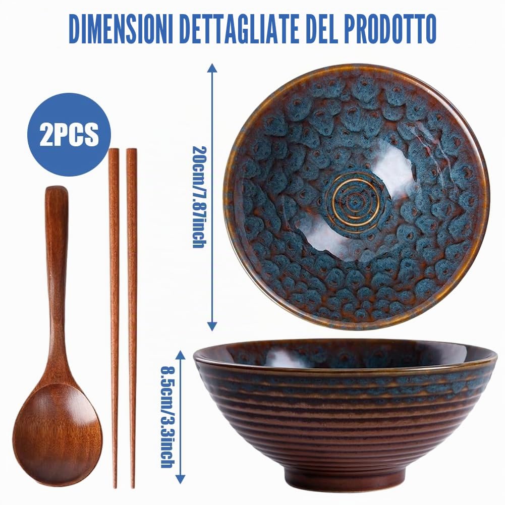 Tazze ramen in ceramica da 1200 ml, 20 cm, per servire, con bacchette e cucchiai adatte per microonde, lavastoviglie e forno (stile coda di pavone)