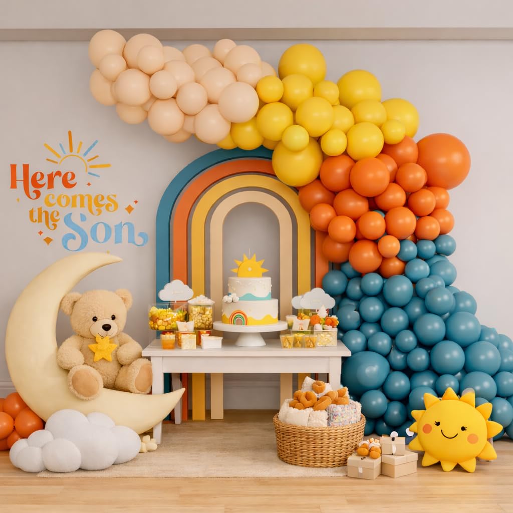 Retro Blue Orange Mustard Yellow Balloon Arch Garland Kit 149pcs for Here Comes the Son Baby Shower Boy First Trip Around the Sun Theme Birthday Boho Party Backdrop Decoration (Slate Blue)