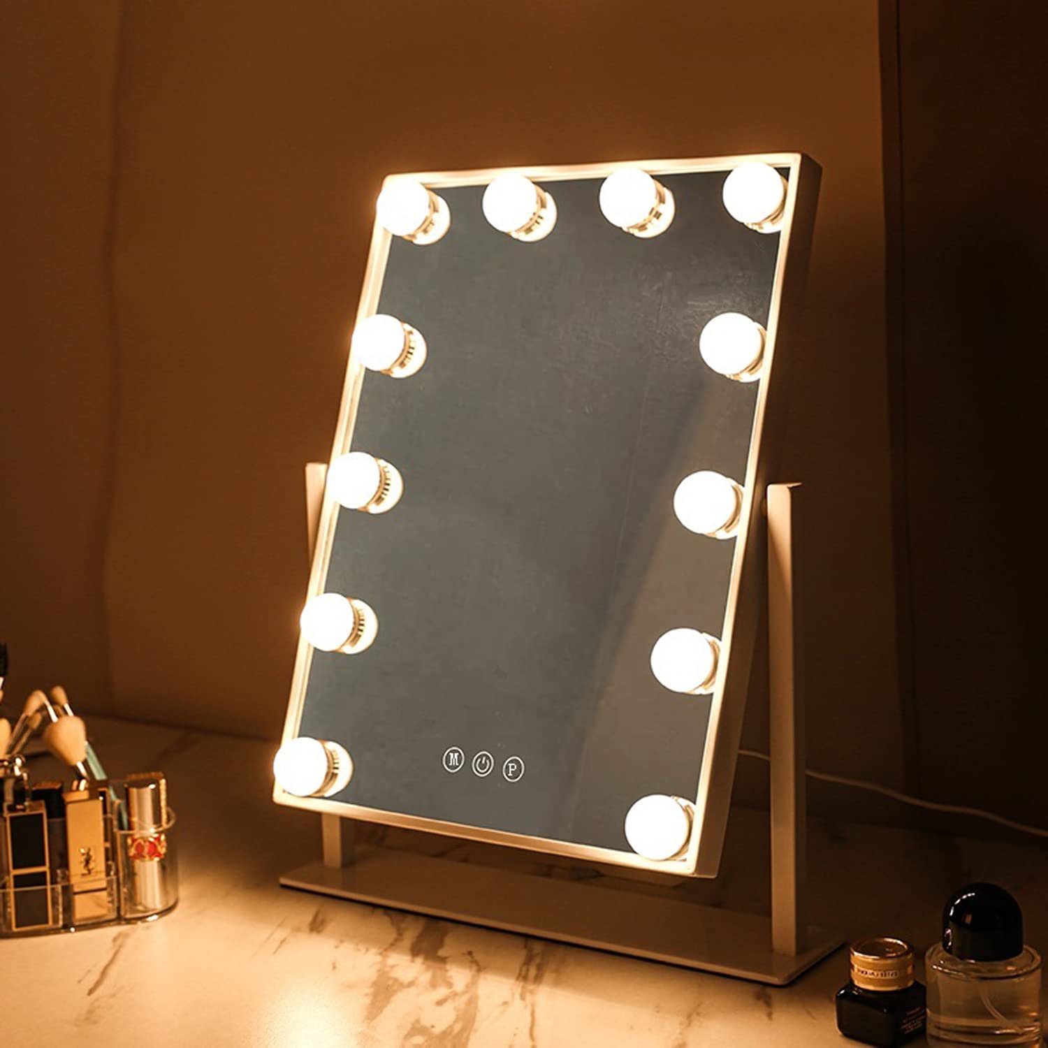 QYzblbangLED Vanity Mirror with Lights Hollywood Light up Makeup Mirror for Desk, Lighted Smart Mirror with Touch Lights,3Color Dimmable Personal Makeup Mirror with 12 Bulbs for Bedroom 360°Rotation