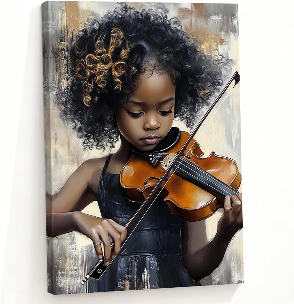 ZQQART African American Wall Art African Child Playing Violin Piano Canvas Painting African American Picture Black Music Art Wall Decor Frame(Black,12.00" x 18.00")