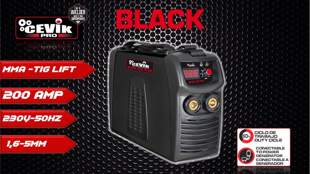 CEVIK PRO CE-BLACK200PLUS - Soldador Inverter MMA con Máscara de Soldadura y Portaelectrodo - 200A 40% 230V - Electrodos hasta 5mm - Display Digital -IGBT- Conectable a Generador - Máquina de Soldar