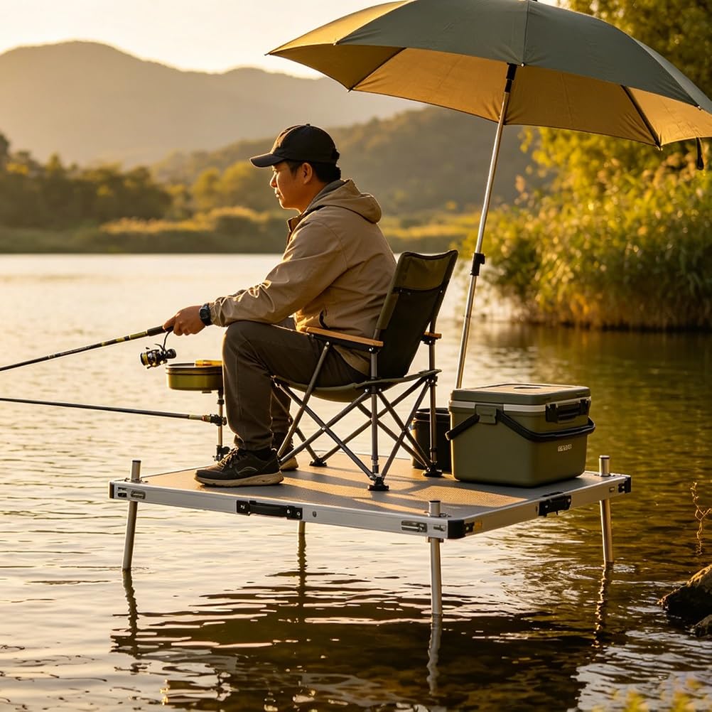 Piattaforma pieghevole per pesca sul lago lungo il fiume, gambe regolabili, scomparto per ombrello, maniglia per il trasporto, portatile