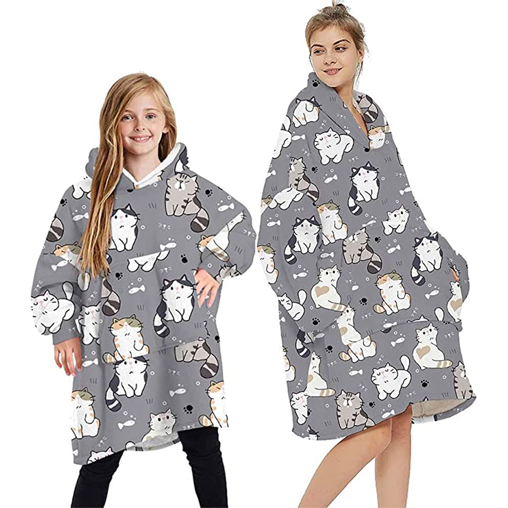 Youlike Women's Grey Cat Oversized Blanket Hoodie For Girls - Sherpa Fluffy Fleece Wearable Hooded With Big Pocket(Grey Cat)