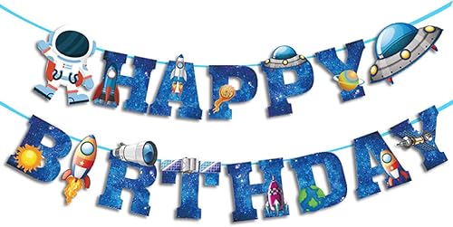 Space Ship Astronaut Happy Birthday Banner Boys Birthday Party Banner Decoration Blue