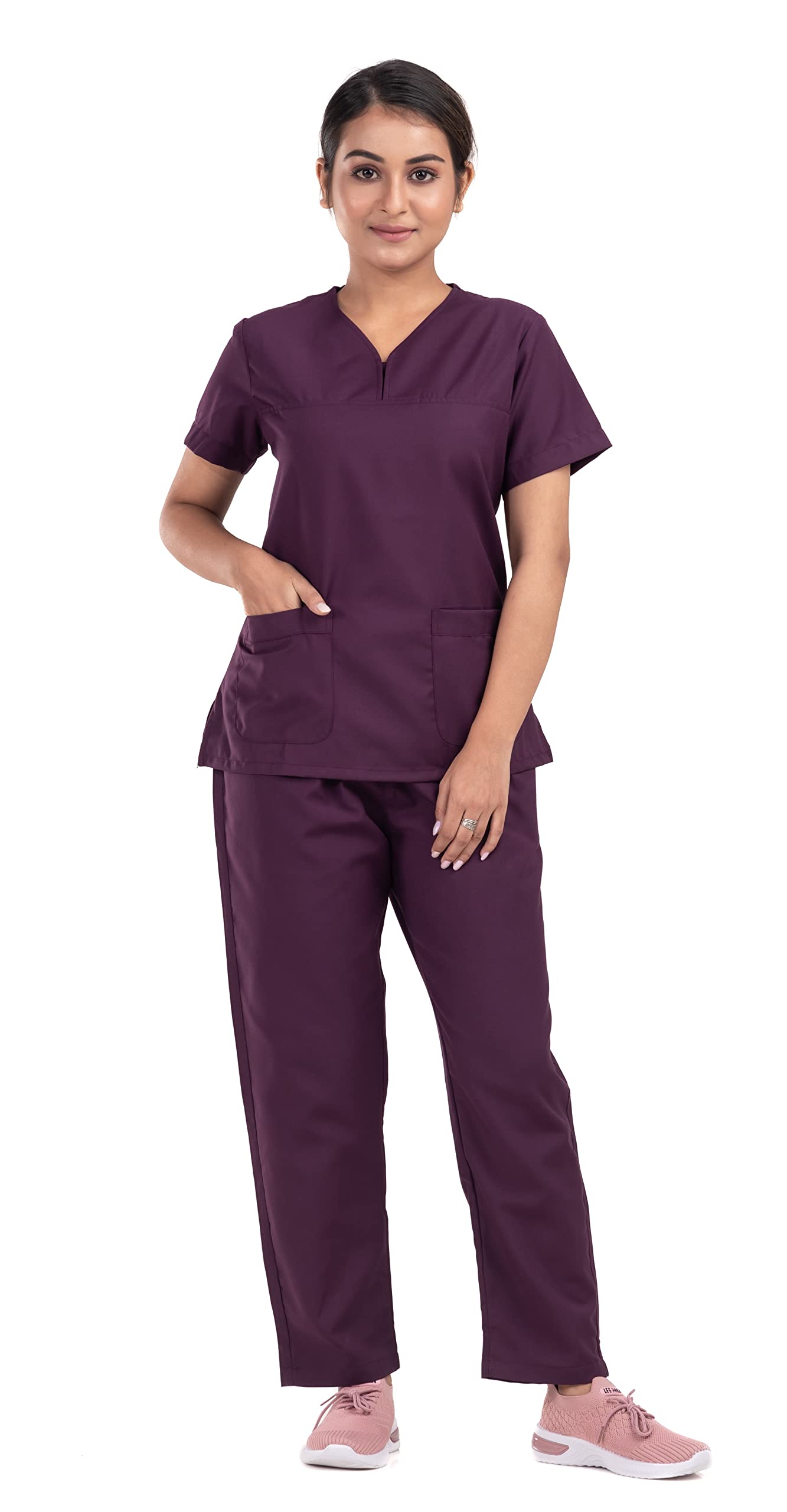 HOSPRIQS Poly Cotton V Neck Female Scrub Dress with 2 Pockets top and Regular Type Trouser- Ideal for Doctors/Surgeon/Professional-Wine