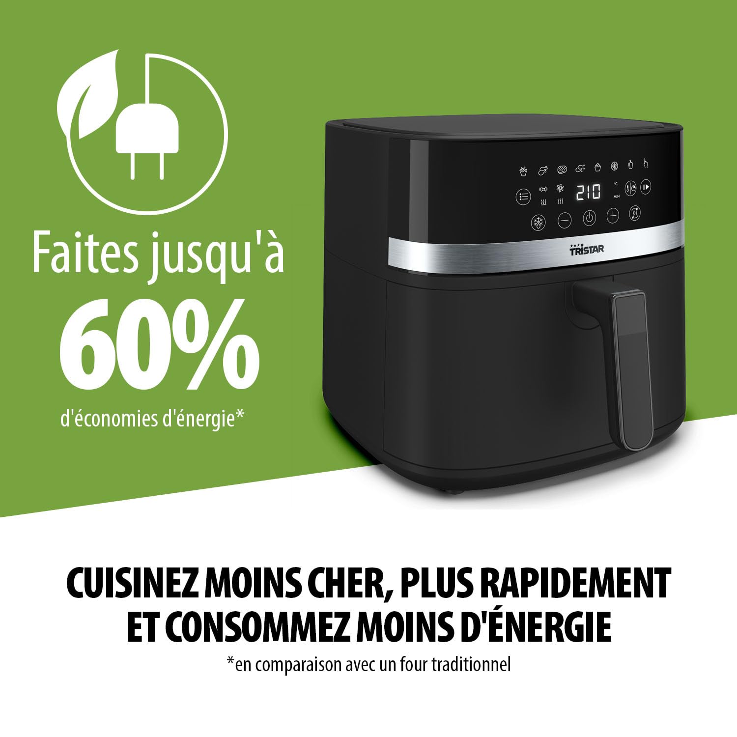 Tristar Friteuse à Air Numérique, 8L Capacité, 2000W, Écran Tactile LED, 7 Programmes + Manuel, Fonction Préchauffage et Maintien au Chaud, Rappel de Secouage, Revêtement Antiadhésif, FR-9418