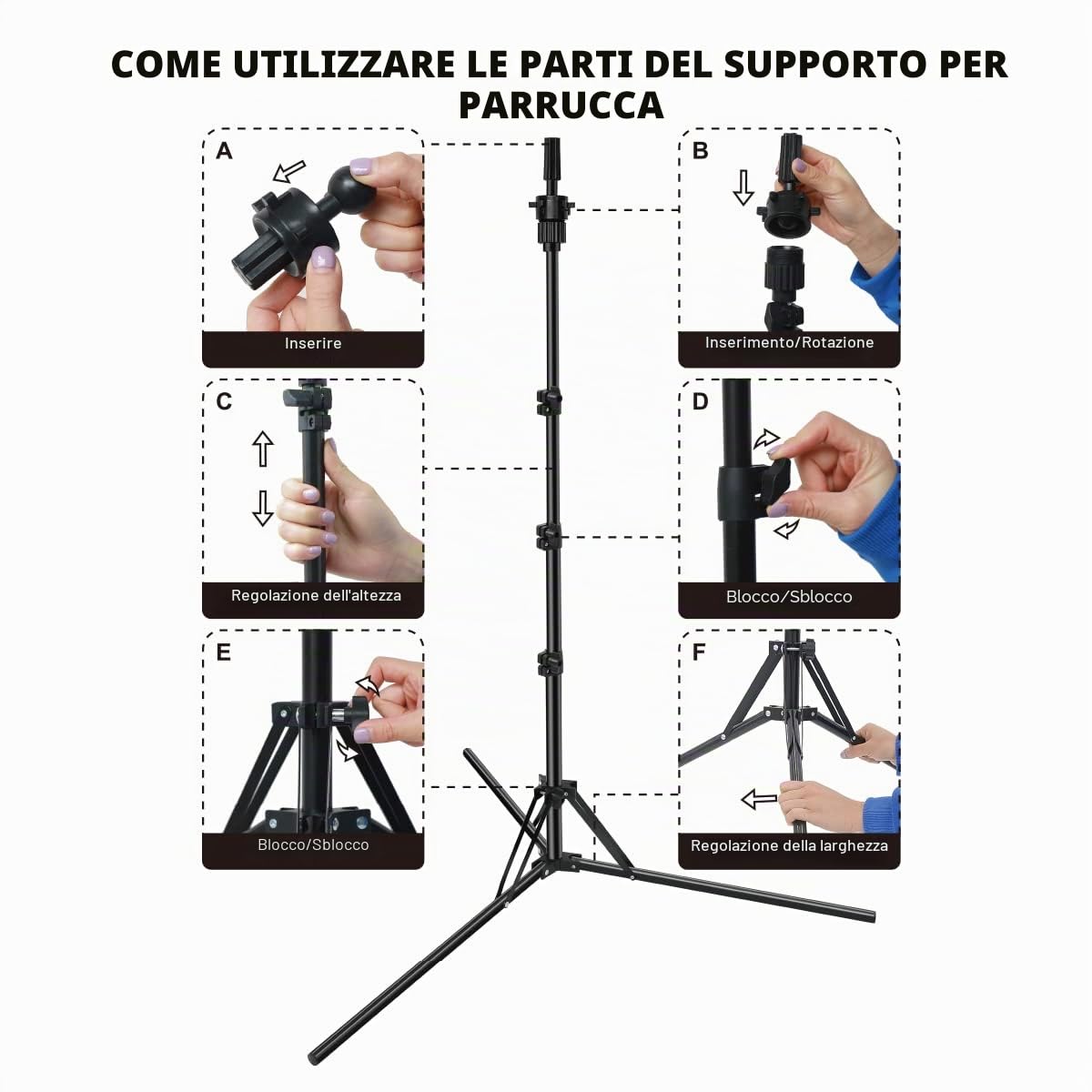 Manichino Head Stand, DanseeMeibr Plus Parrucca Head Stand Metallo Treppiede Stand Pieghevole Inverso Regolabile (17-56Inch) Parrucca Stand Treppiede per Parrucche Training Head