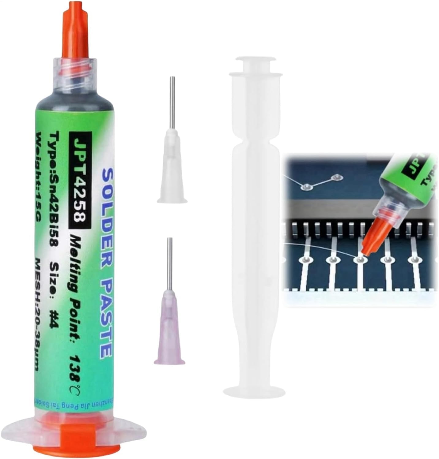 Sn42/Bi58 Syringe Tin Solder Paste,138°C Low Temperature Syringe Solder Paste,Flux Soldering Paste with 2 Needles and 1 Pusher,Needle Tube Maintenance Solder Paste for Bga,PCB, CPU, Led, SMT(15g)