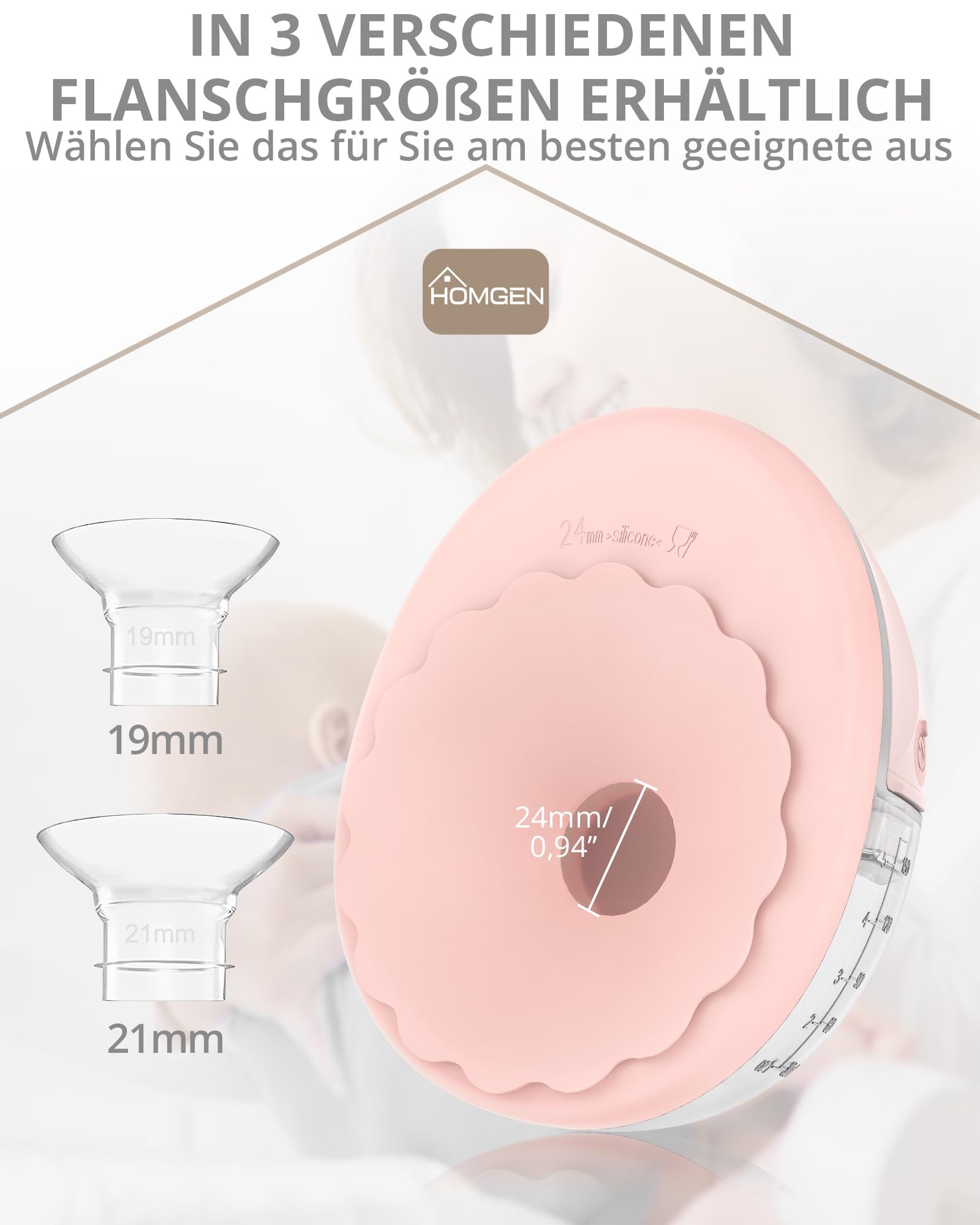 HOMGEN Milchpumpe 2 Stück Elektrische Brustpumpe Tragbare Milchpumpe mit 4 Modi, 12 Stufen,Hands-Free LED-Anzeige, Ultra-Leise, Tragbare Drahtlose Brustpumpe mit 24/21/19mm Flanschen für Mütter