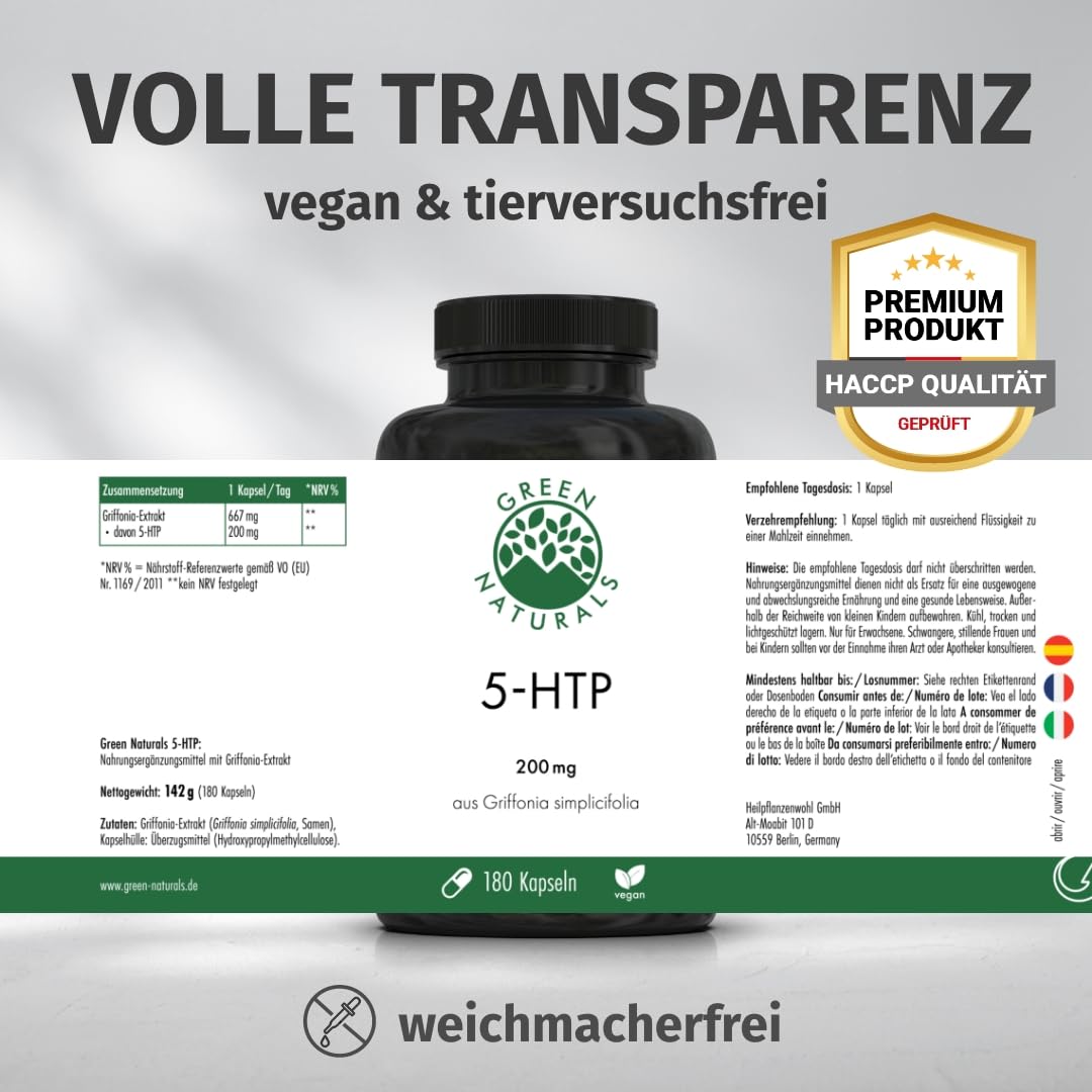 Green Naturals 5-HTP – Hochdosiert: 200 mg 5-HTP – 180 Kapseln (Packung mit 2)