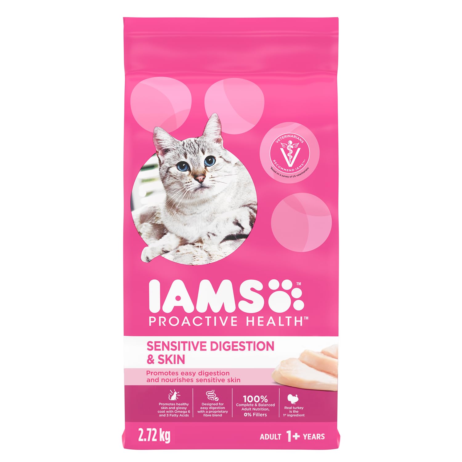 IAMS Proactive Health Sensitive Digestion & Skin Adult Dry Cat Food – Turkey – 2.72KG (5.9LB) Bag image 5