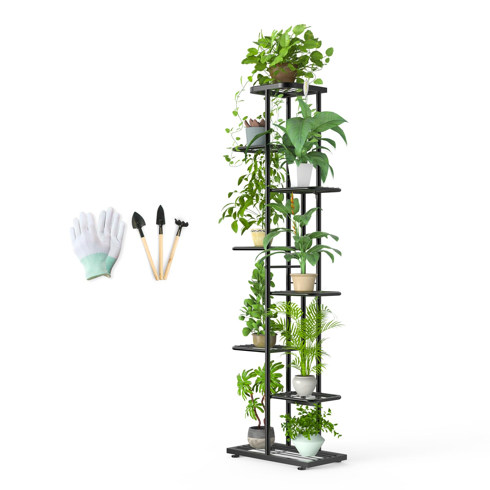 Support pour Plantes à 8 Niveaux avec Outils de Jardinage et Gants, 141cm Porte Plante Interieur en Métal pour Plusieurs Plantes, Étagère Plante Étagère à Fleurs pour Balcon Jardin, Noir