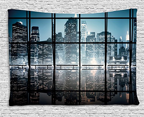 Ambesonne Modern Tapestry, Modern New York City Scenery at Night with Skyscrapers Buildings Print, Wide Wall Hanging for Bedroom Living Room Dorm, 80