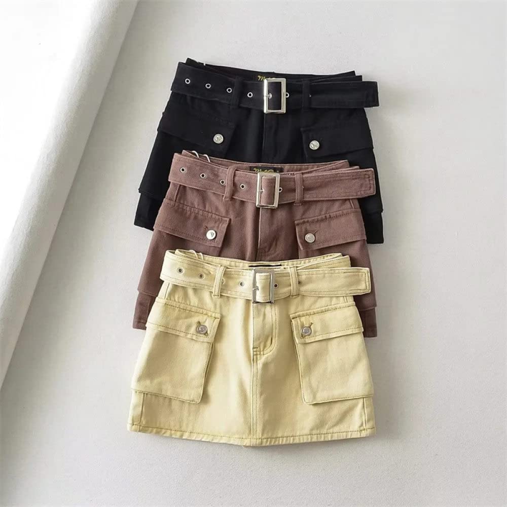 OZEO Röcke,Damen Denim Minirock Schwarz High Waist Harajuku Goth Punk Cargo Rock Mit Gürtel Taschen Slim A-Linie Streetwear Short Rock Für Mädchen Damen,Xs