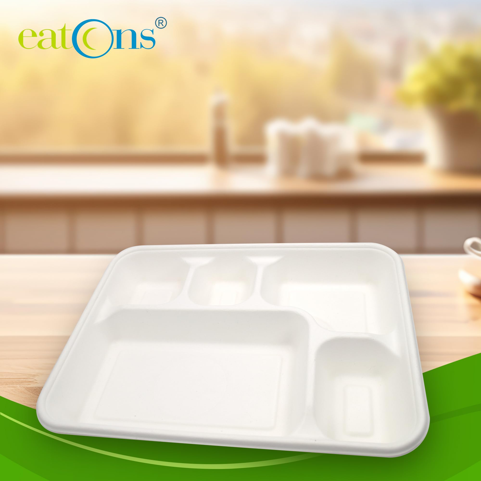 EATONS 5-Compartment Bagasse Disposable Plates with Lid | Eco-Friendly Biodegradable Sugarcane Paper Plates | Thali | Serve Dinner | Birthday Party, Wedding, Bhojanam | Rectangular | White (100 Pack) 4