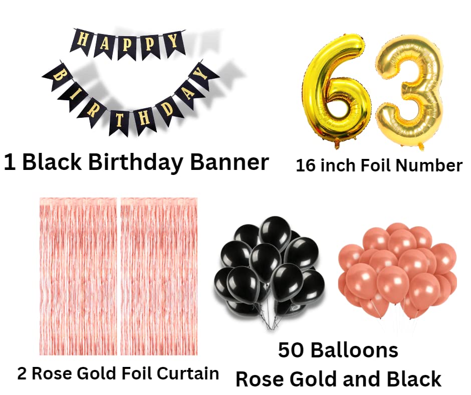 Image of Mystic Toy Store 63rd Birthday Decoration items for Girls with Black and Rose Gold Balloons, Black Happy Birthday Banner, Rose Gold Foil Curtain, Foil Balloon number 63