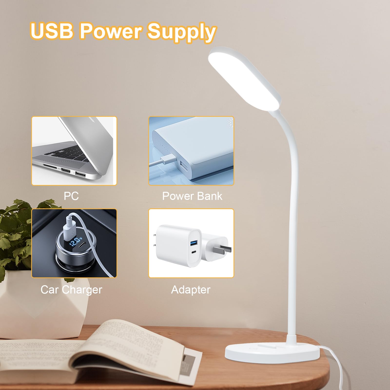 LQWELL® Lampa Biurkowa LED Lampa Studyjna Do Domowego Biura, 360° Elastyczna Gęsia Szyja, Sterowanie Dotykowe Lampa Stołowa Do Czytania Z Uchwytem Na Telefon (Biały)
