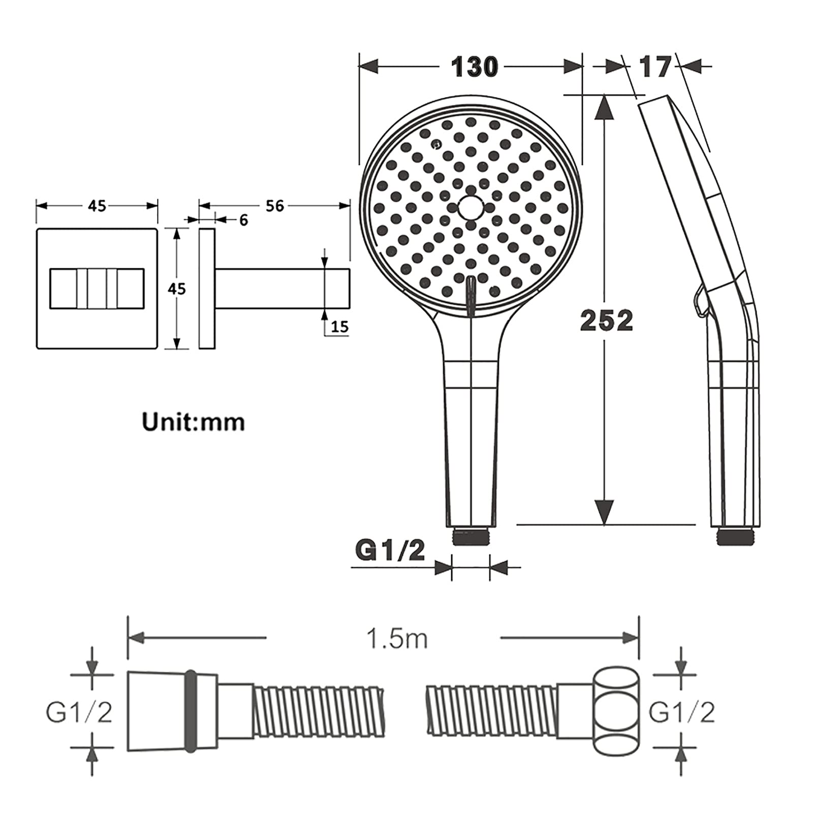 Alcachofa de Ducha, ABS Cabezal de Ducha Alta Presión Ahorro de Agua Cabezal de Ducha de Mano 3 Modos Universal Telefono Ducha con 1.5M Manquera Ducha, Soporte de Ducha,Negro