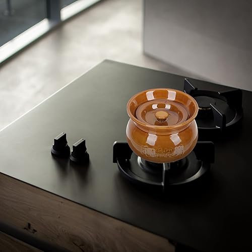Miniatura 5 de Veemoon Olla pequeña de cerámica china para estofado Cazuela de arcilla con tapa, utensilios de cocina hechos a mano, olla de frijoles, utensilios