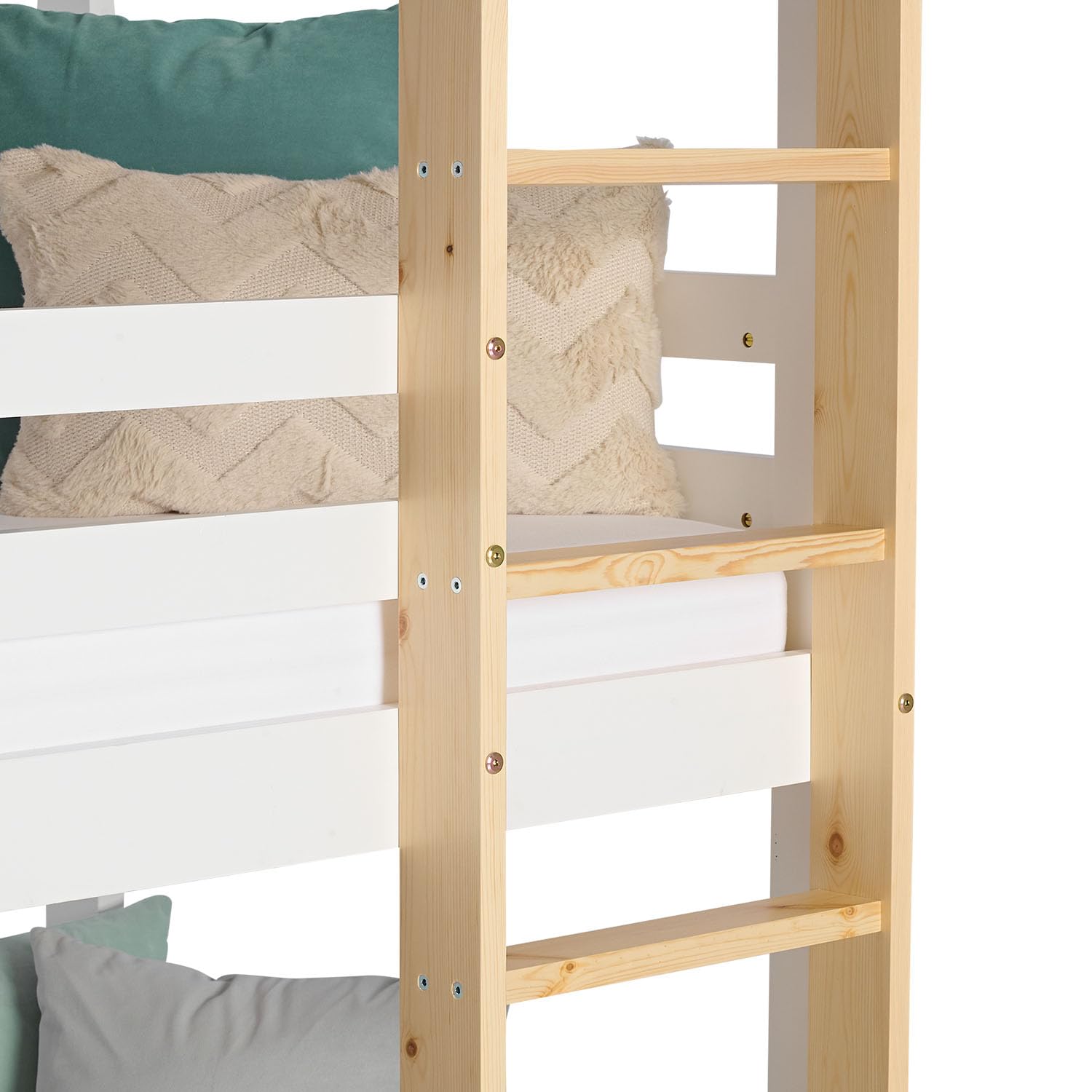Homestyle4u Lit superposé pour 3 Enfants Lit Mezzanine 90x200 avec escalier, sommier à Lattes, Bois Blanc, Finition Naturelle | Article 2589