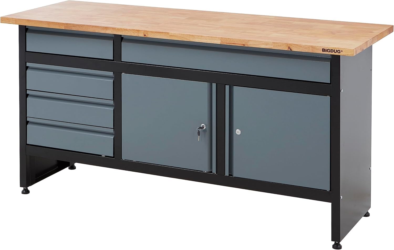BiGDUG Garage Workbench Drawer Cabinet - Workshop Storage Workstation - 842H x 1709W x 600D mm - 5x Drawer & 2 Door Cupboard - Black/Grey