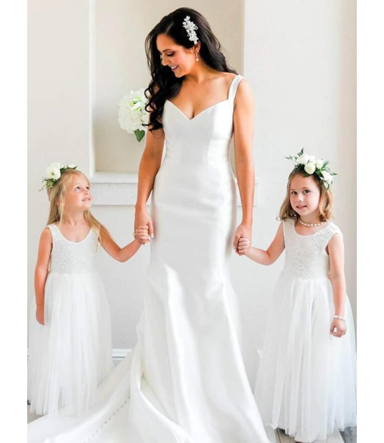 Vestido de fiesta para niñas de encaje con espalda en V, sin mangas, mullido, tul, vestido de fiesta de princesa, vestido de fiesta de flores