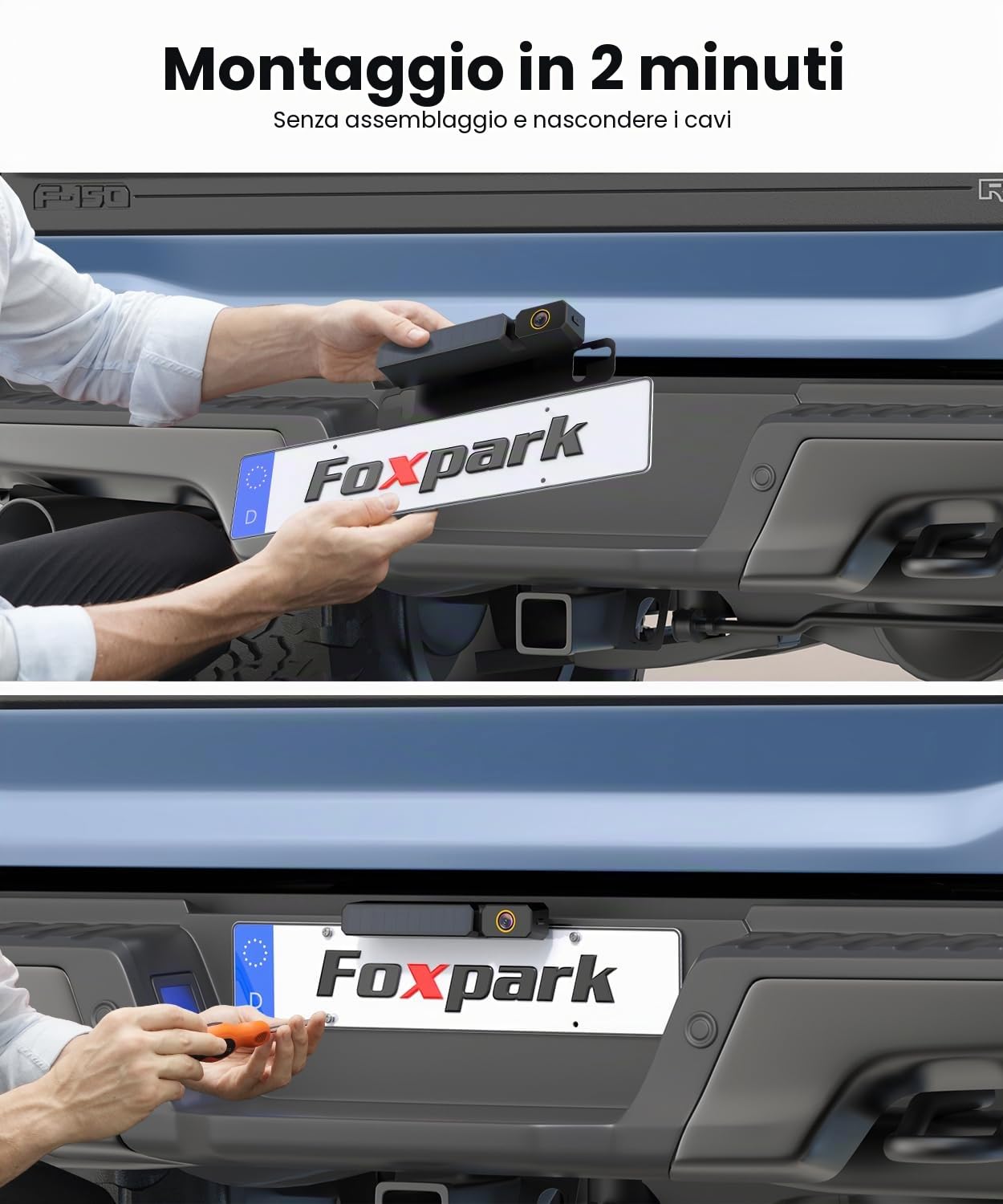 Foxpark Telecamera solare retromarcia senza fili: installazione rapida 2 minuti, HD 1080P, monitor 5 pollici, visione notturna, IP69K, impermeabile