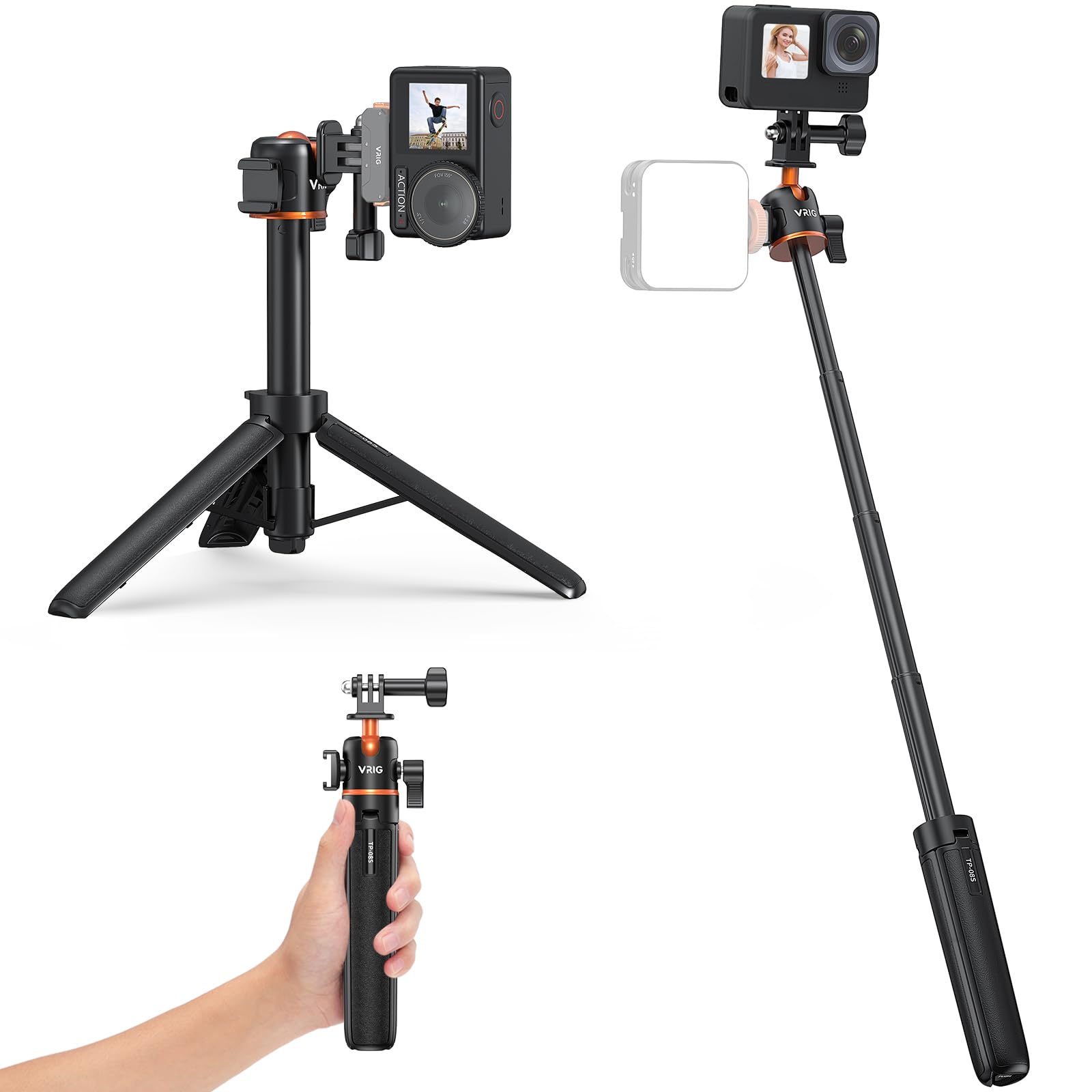 VRIG 21" Extendable Selfie Stick Tripod for GoPro with 360° Ballhead, Portable Vlog Selife Stick Tripod Stand for DJI OSMO Action 5Pro/4/3,GoPro Hero