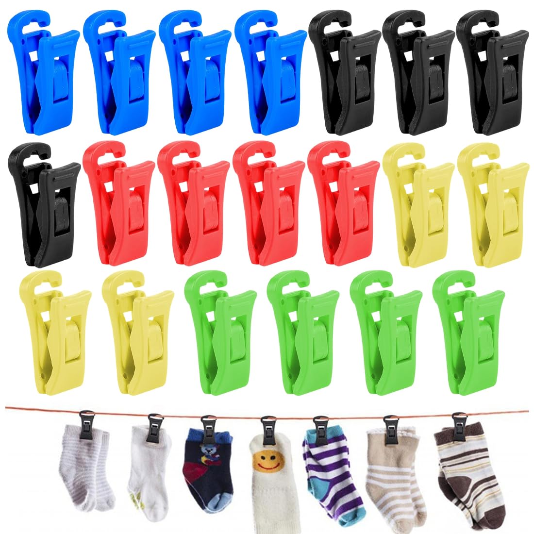 XPEX Pack of 20 sock clips for washing machine and dryer, sock clips for washing machine, colourful sock clips, non-slip sock clip with hooks, sock holder washing machine