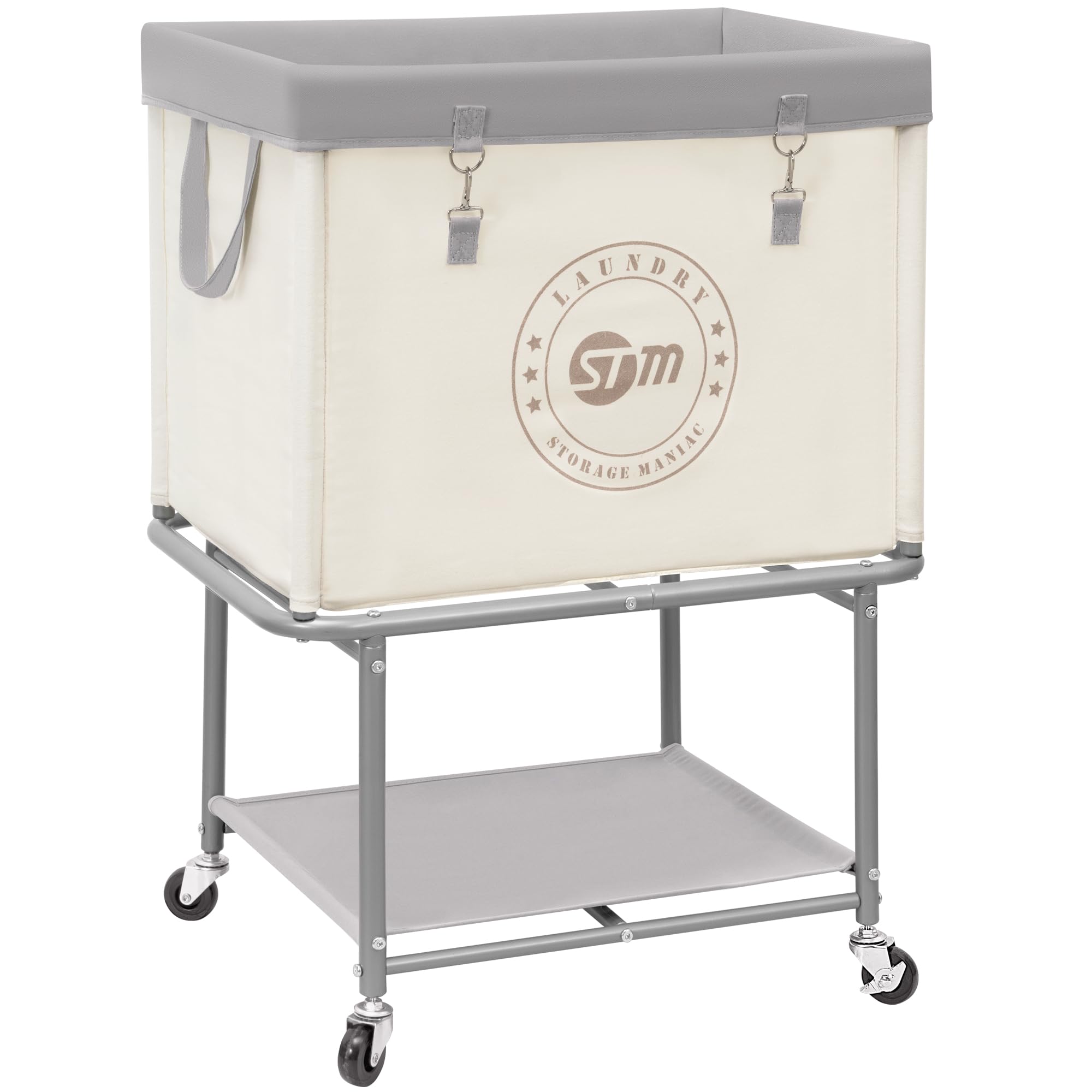 Photo 1 of STORAGE MANIAC Rolling Laundry Cart with Storage Shelf, Heavy Duty Industrial Laundry Basket with Wheels, Commercial Metal Frame Clothes Hamper with Canvas Bag for Dorm, Closet, Bedroom, Beige