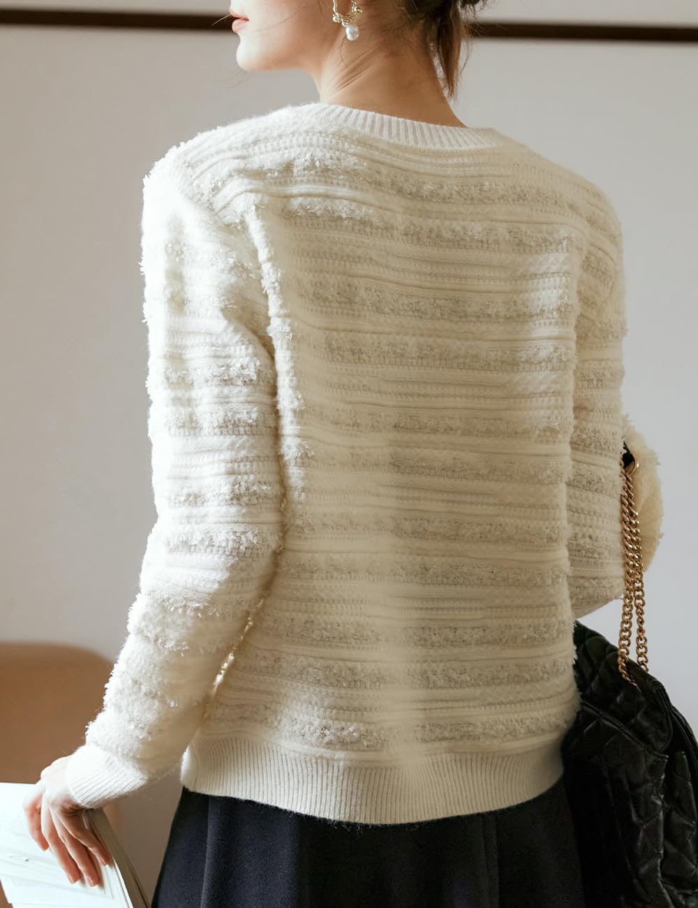 Women's White Sweater, Ribbing Crew Neck Fuzzy Cardigan with Pearl Button, Ladies Long-Sleeve Sweater Coats - Image 2