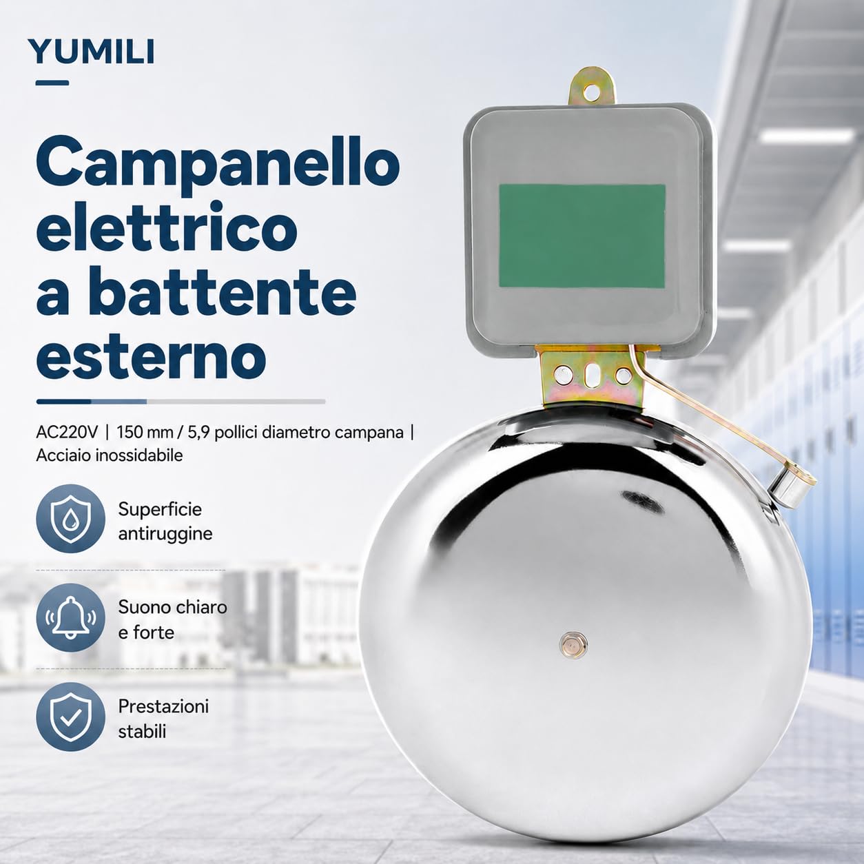 Campanello Elettrico ad Anello Temporizzato, Campanello Elettrico Antiscintilla Tipo a Percussione Esterna in Acciaio Inossidabile Campana Scolastica 150mm AC220V